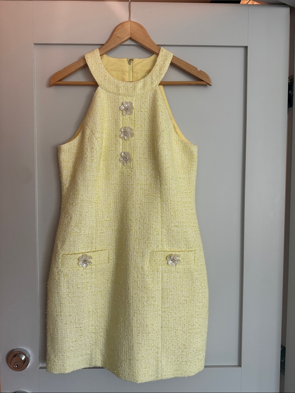 Lilly Pulitzer Pale Yellow Tweed Dress with Floral Jewel Buttons and Jacket